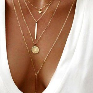 Gold 4 Strand Double Bar Drop Star Necklace